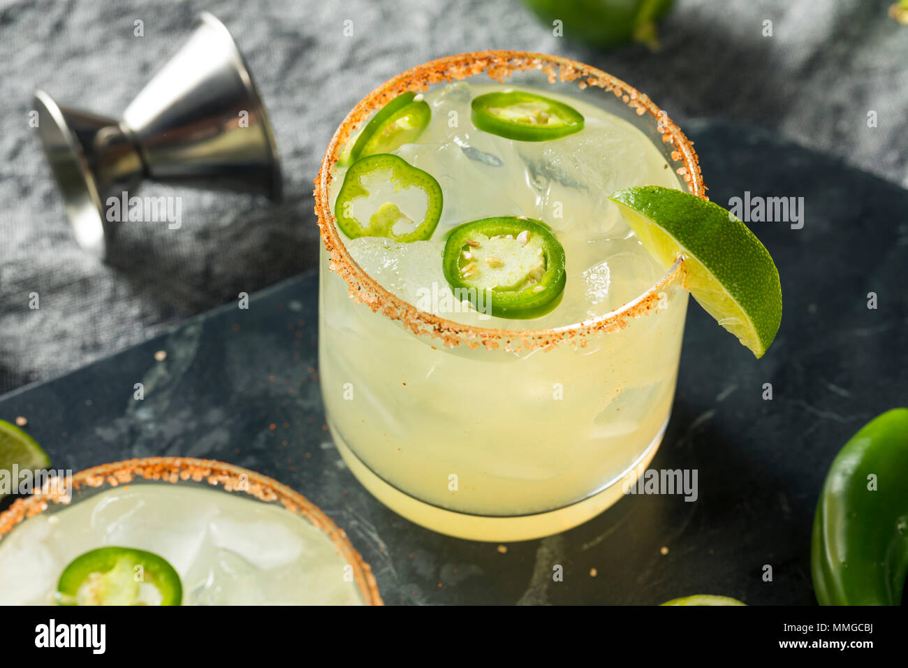 Homemade Spicy Margarita with Limes and Jalapenos Stock Photo