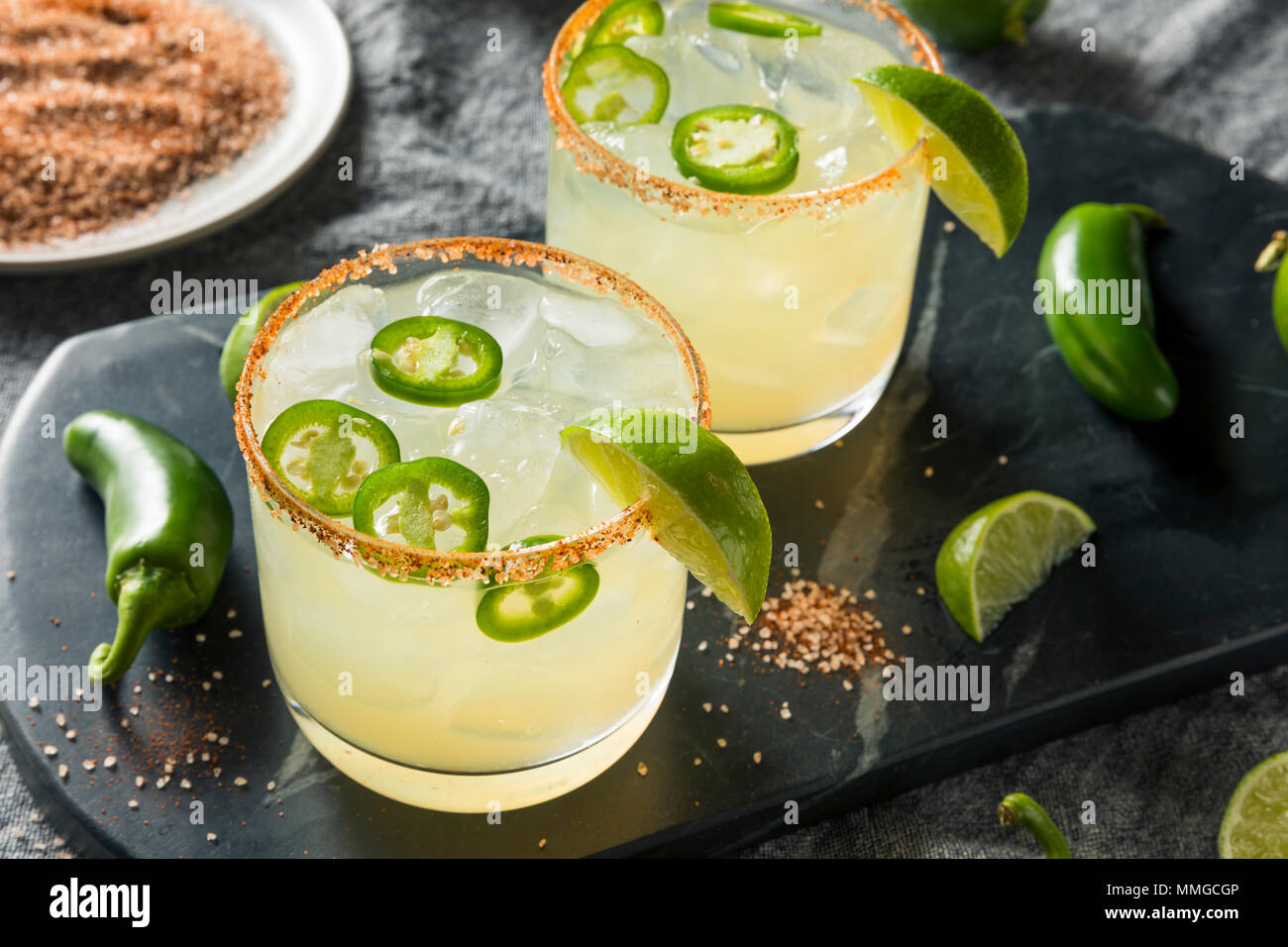 Homemade Spicy Margarita with Limes and Jalapenos Stock Photo