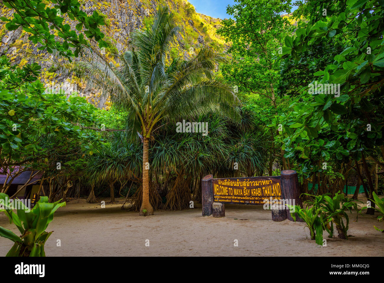 Welcome sign on  Maya beach on Koh Phi Phi island in Thailand Stock Photo