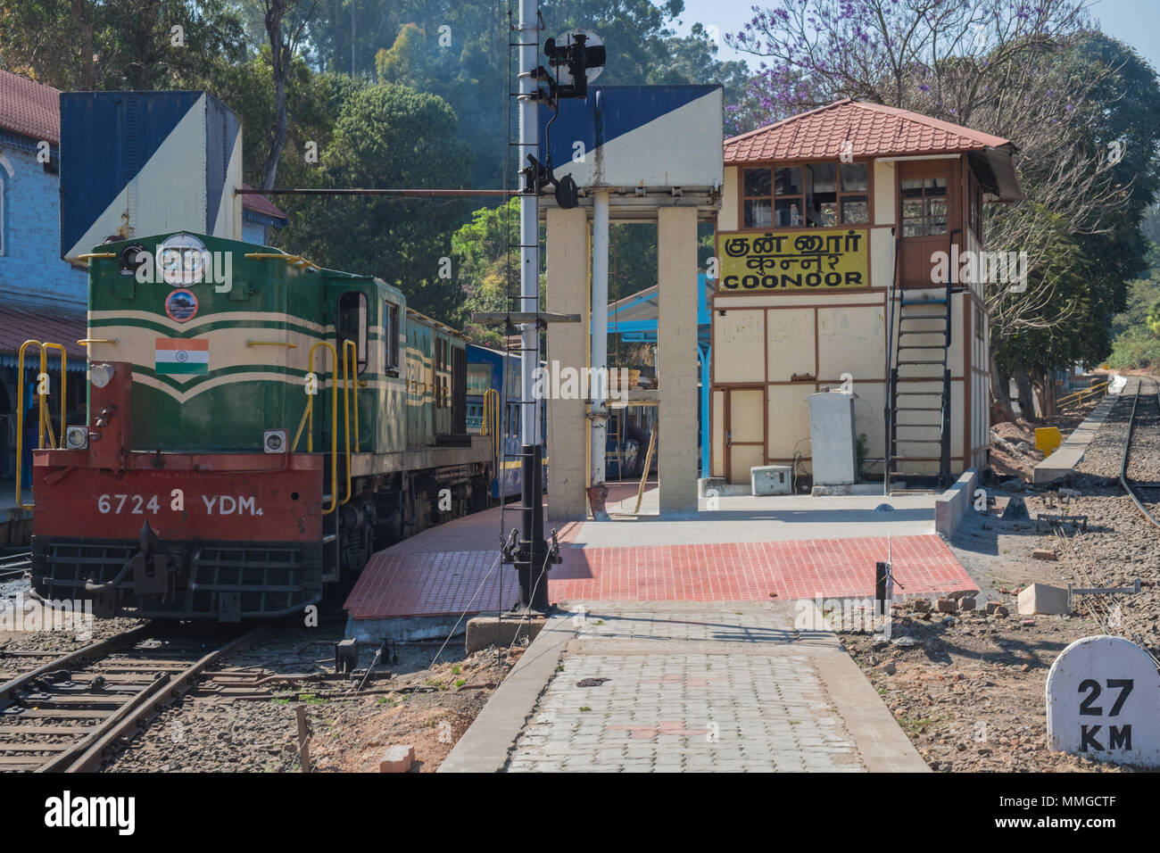 Coonoor, India - March 4, 2018: Diesel engine on the Nilgiri Mountain railway, the only Indian rack and pinion system and a UNESCO World Heritage site Stock Photo