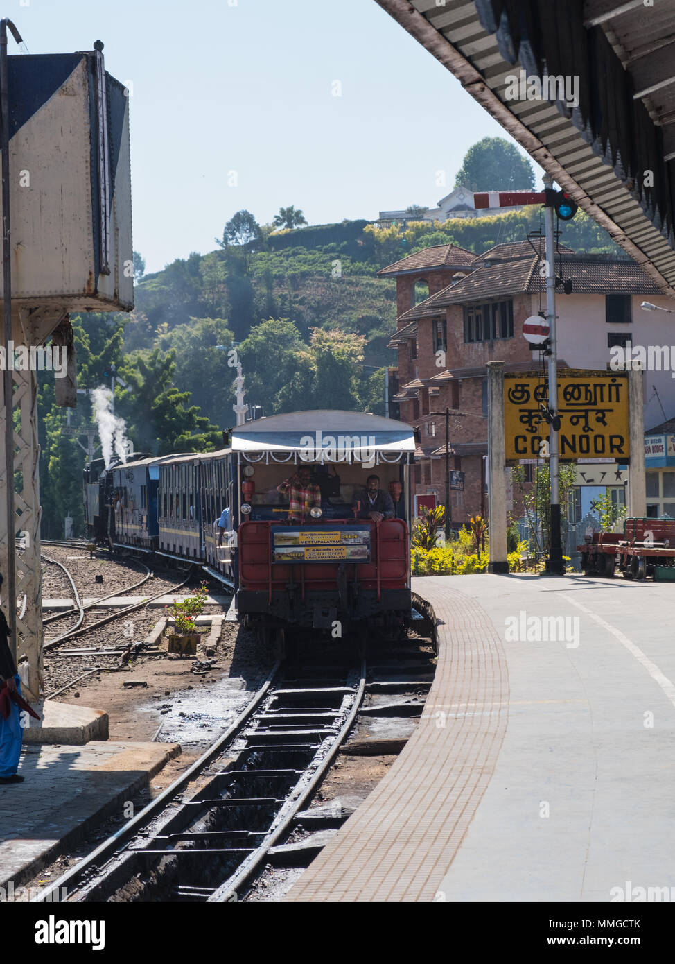 Coonoor, India - March 5, 2018: Steam train arriving from Mettupalayam on the Nilgiris Mountain Railway in Tamil Nadu Stock Photo