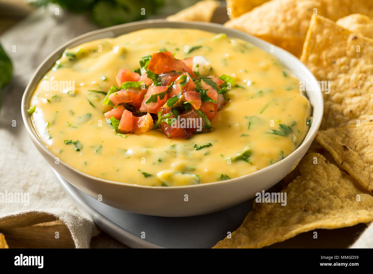 Spicy Homemade Cheesey Queso Dip with Tortilla Chips Stock Photo Alamy