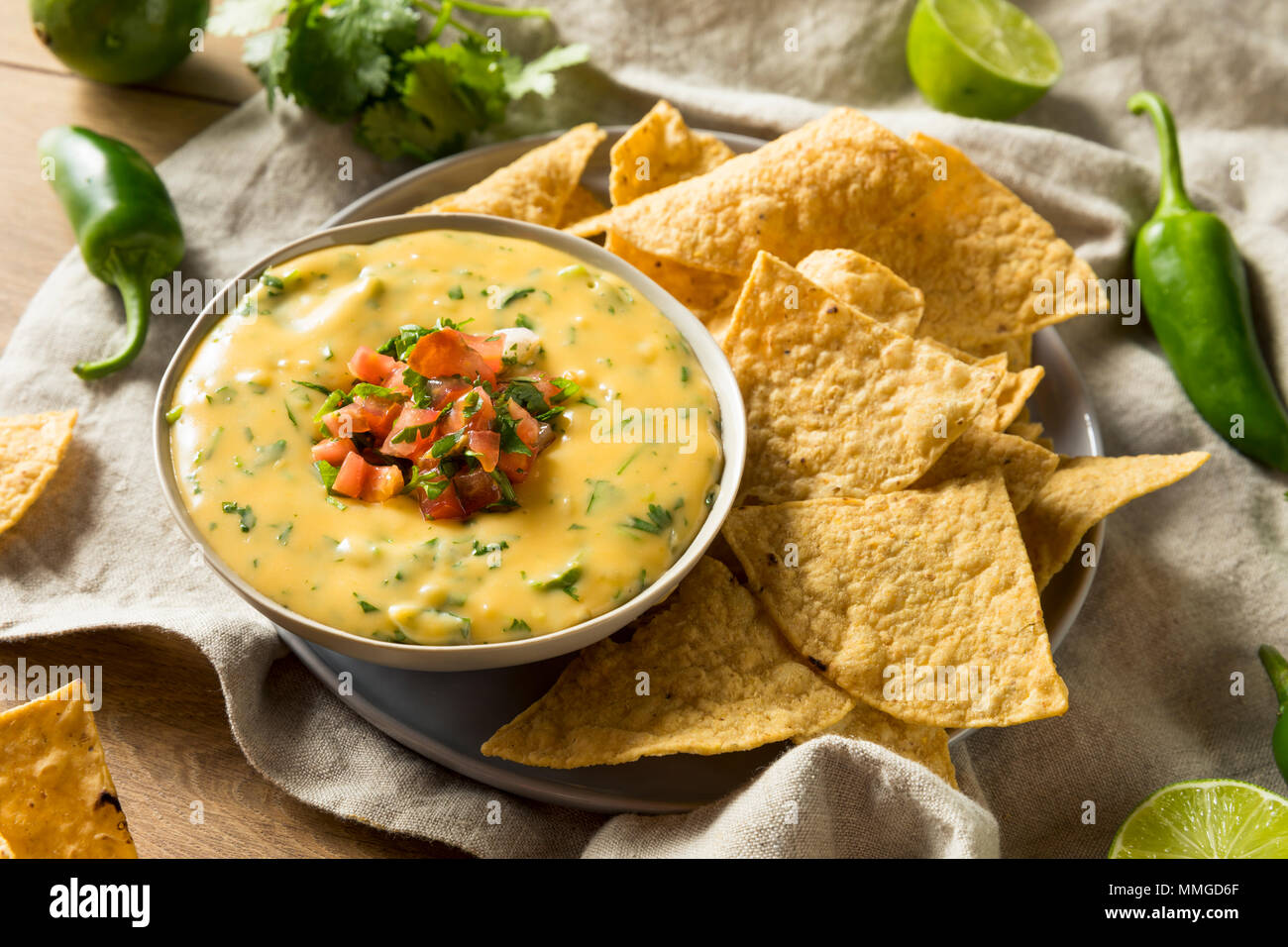 Spicy Homemade Cheesey Queso Dip with Tortilla Chips Stock Photo Alamy