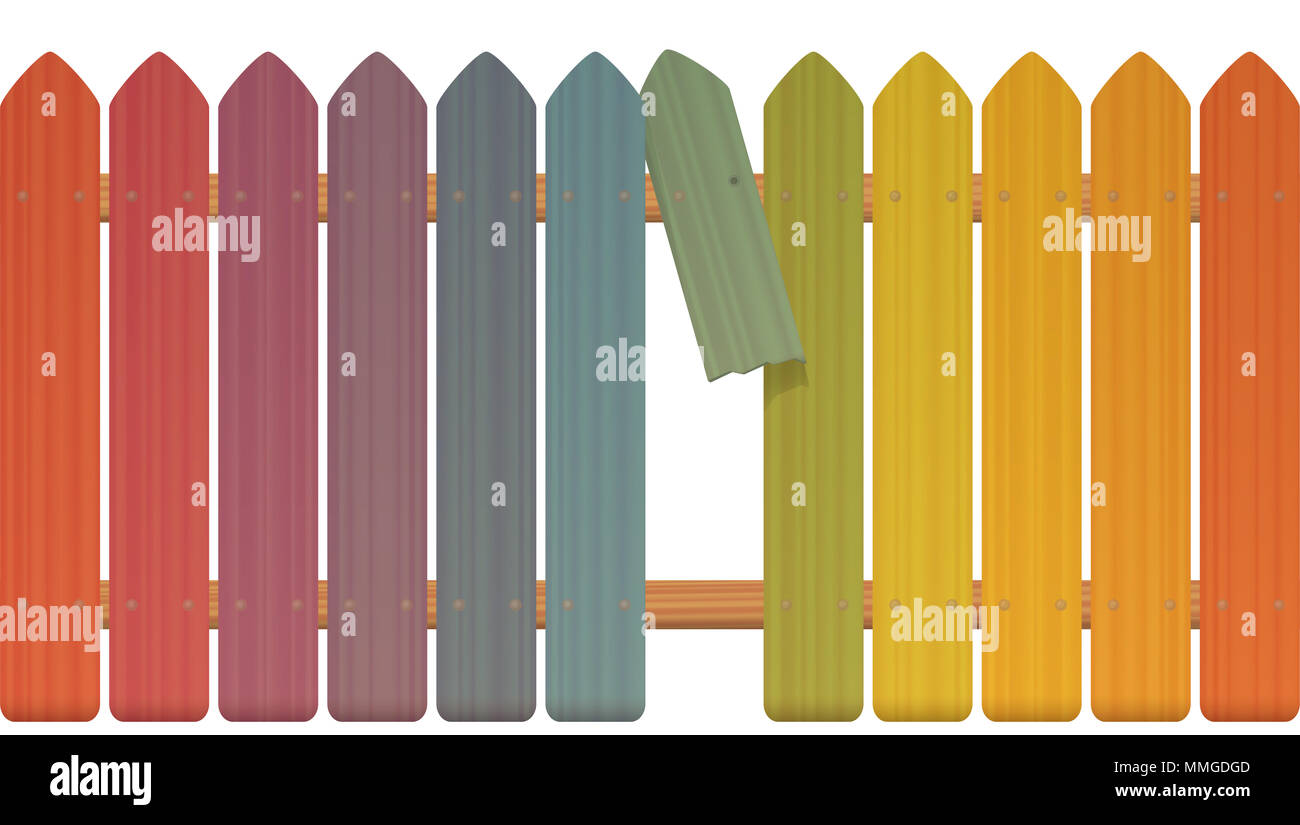 Gap in the fence colored picket fence with broken plank and loophole