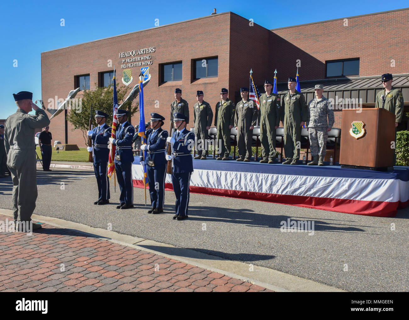 Langley Air Force Base Honor Guard members present the colors during