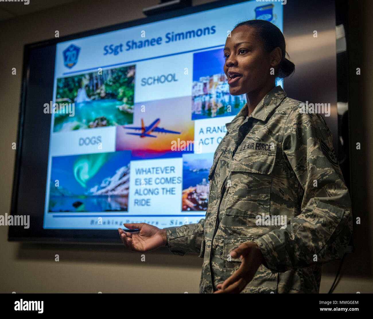 Staff Sgt. Shanee Simmons, health services management technician, 932nd  Aerospace Medicine Squadron shares her Air Force story with 932nd Airlift  Wing leadership during the wing review meeting Sept. 8, 2017, Scott Air