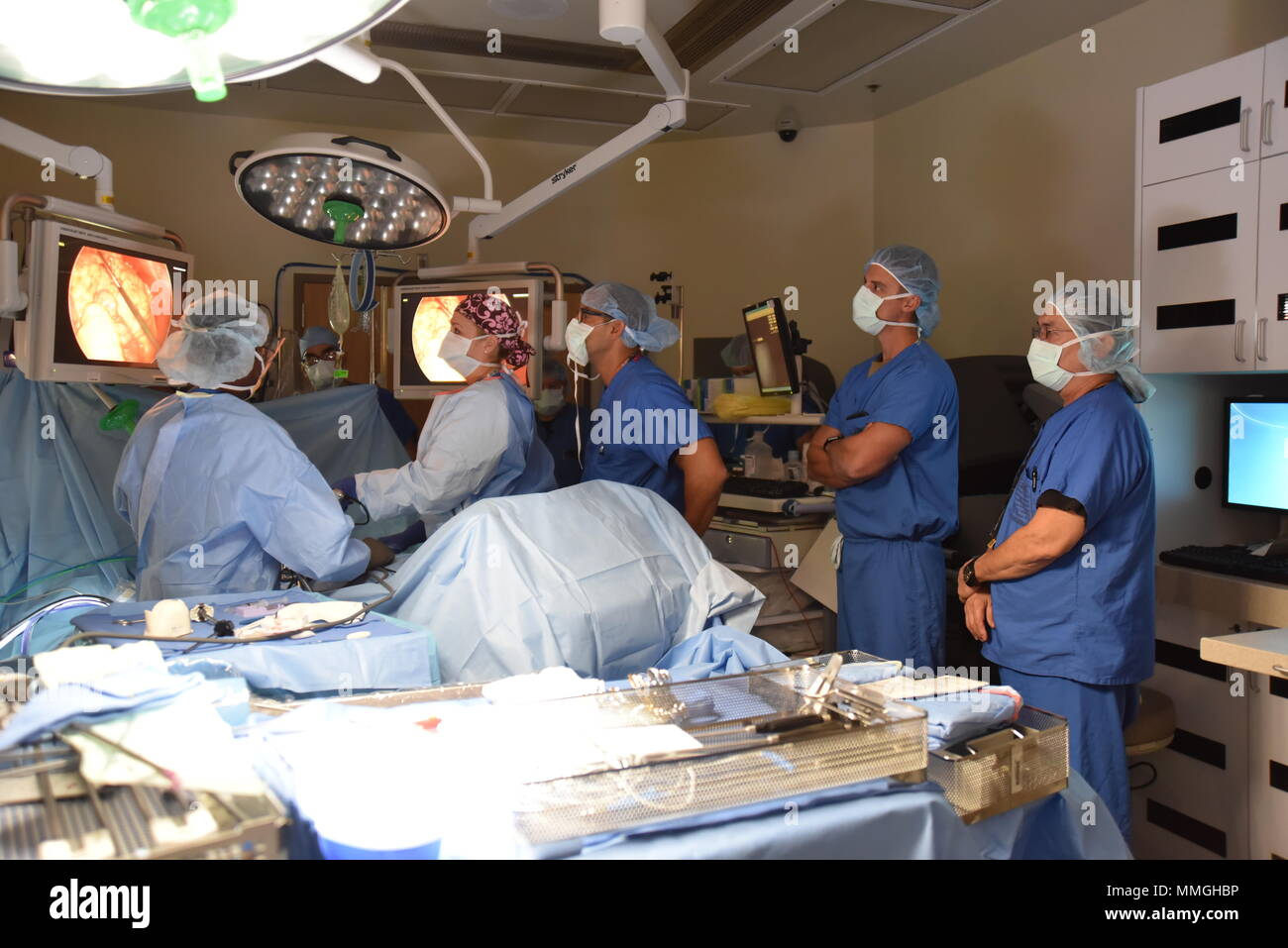 The Womack Army Medical Center surgical team, view monitors in the