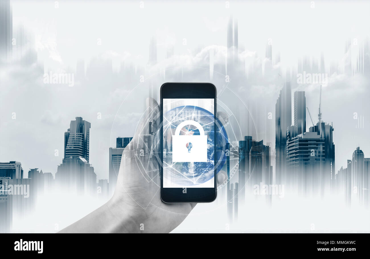 Mobile device security and internet connection . Hand using mobile smart phone and lock icon. Element of this image are furnished by NASA Stock Photo
