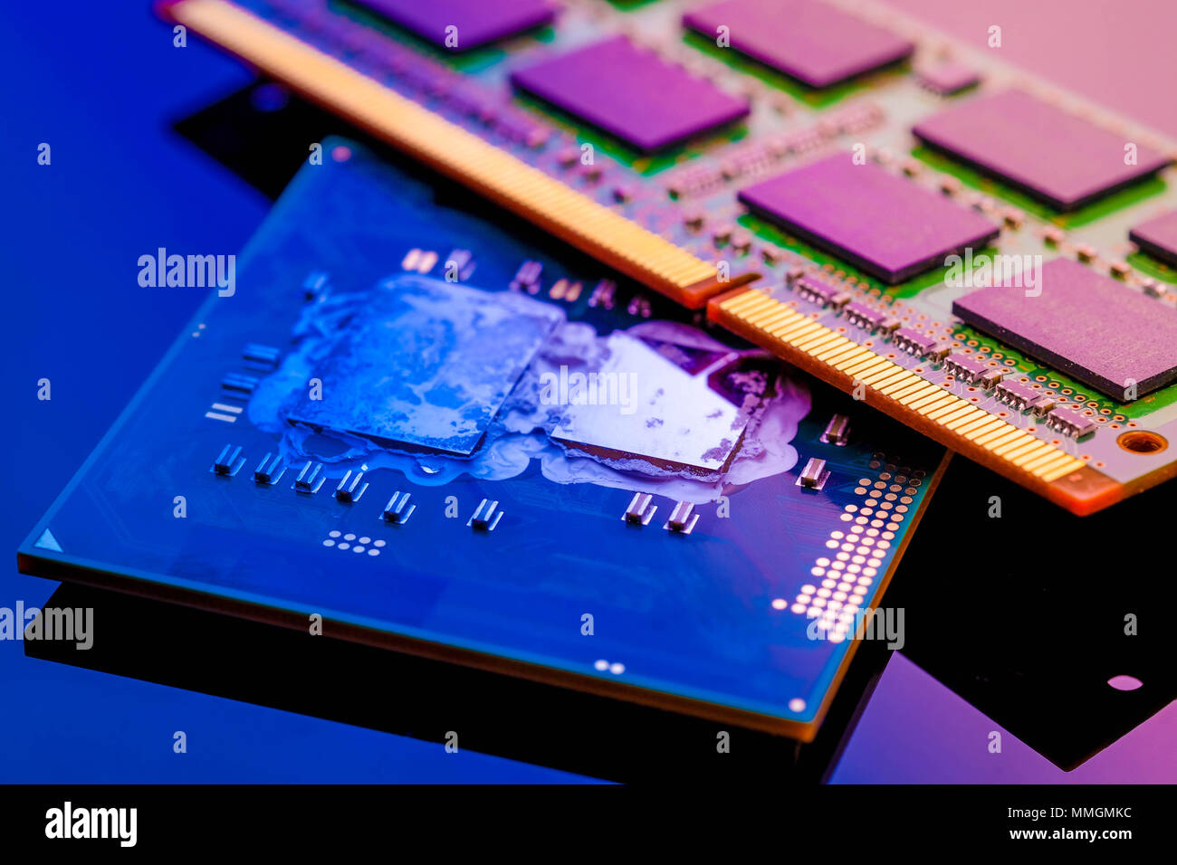 technology cyber electronic concept. cpu ram computer on blue light ...
