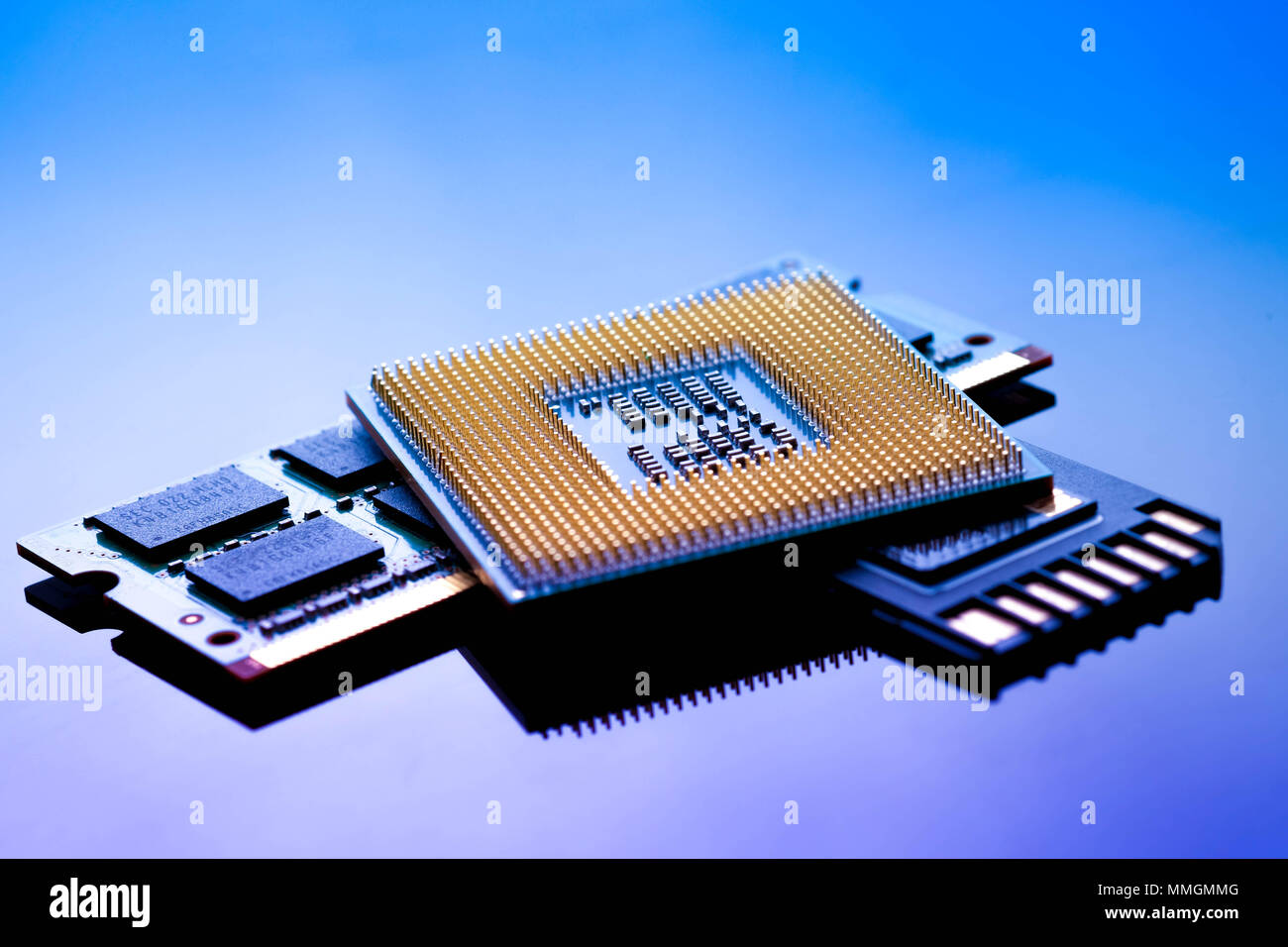 technology cyber electronic concept. cpu ram computer on blue light ...