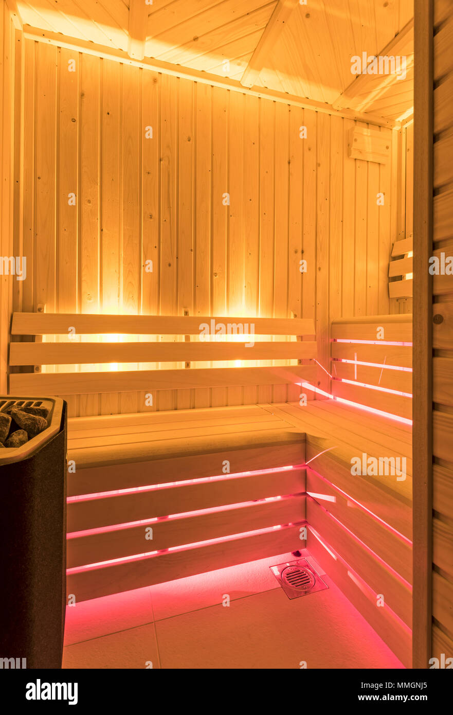 Modern Sauna. Relaxation, Leisure, Wooden, Gym Stock Photo