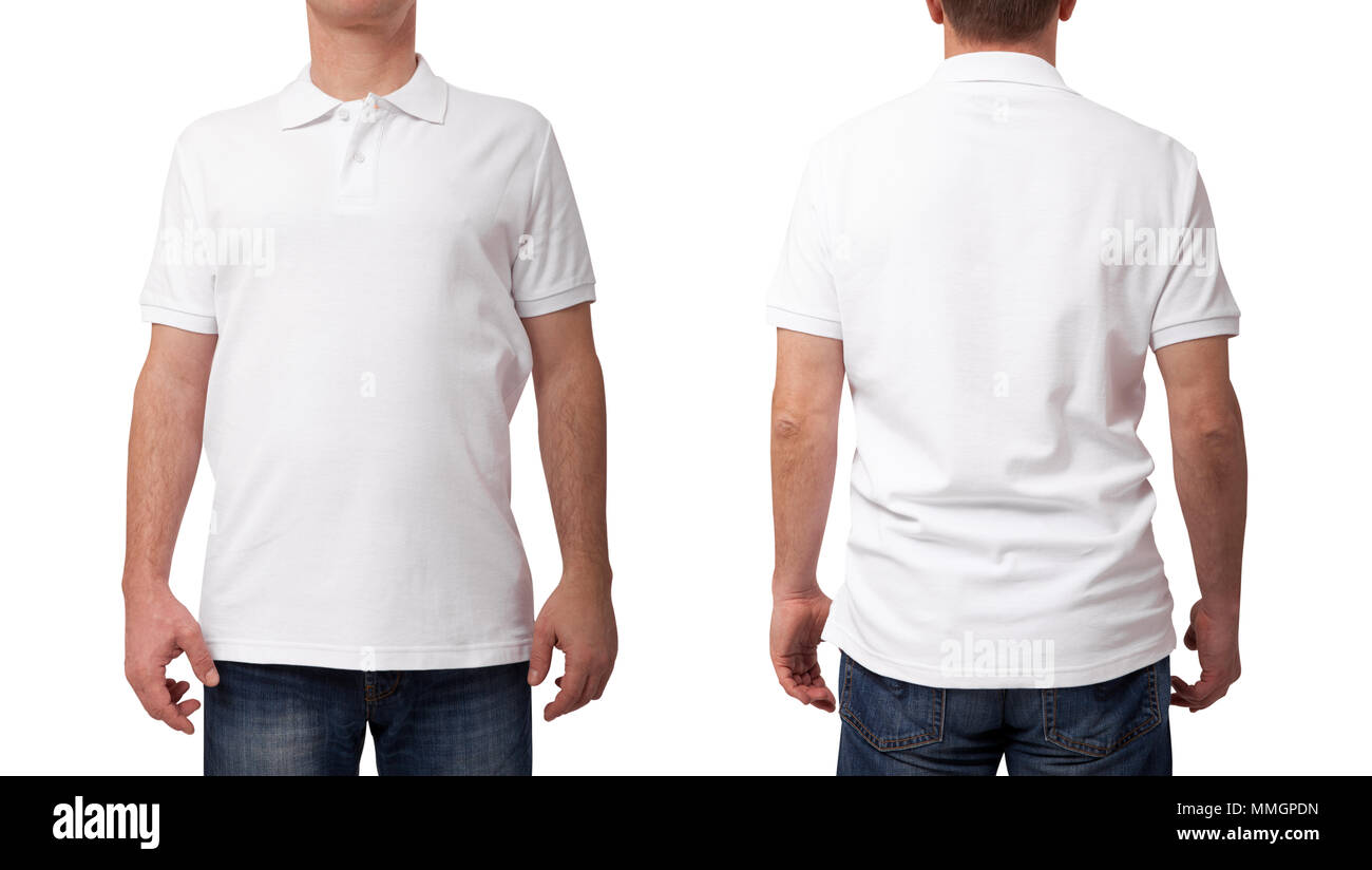 Tshirt design and clothing concept. Young man in blank white shirt front and rear isolated. Stock Photo