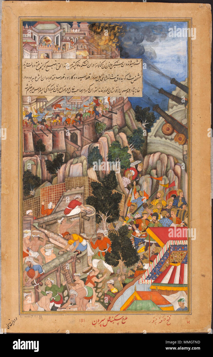 .  It illustrates an incident when a mine exploded during the Mughal attack on the Rajput fortress of Chitor (Chittaurgarh) in north-west India in 1567, killing many of the besieging Mughal forces. In right side Mughal sappers are shown preparing covered paths to enable the army to approach the fortress, while their opponents fiercely defend themselves.  A mine explodes in 1567 during the siege of Chitor, killing many of the Mughal forces from the Akbarnama. between 1590 and 1595. 1567-A mine explodes during the siege of Chitor-right-Akbarnama-large Stock Photo