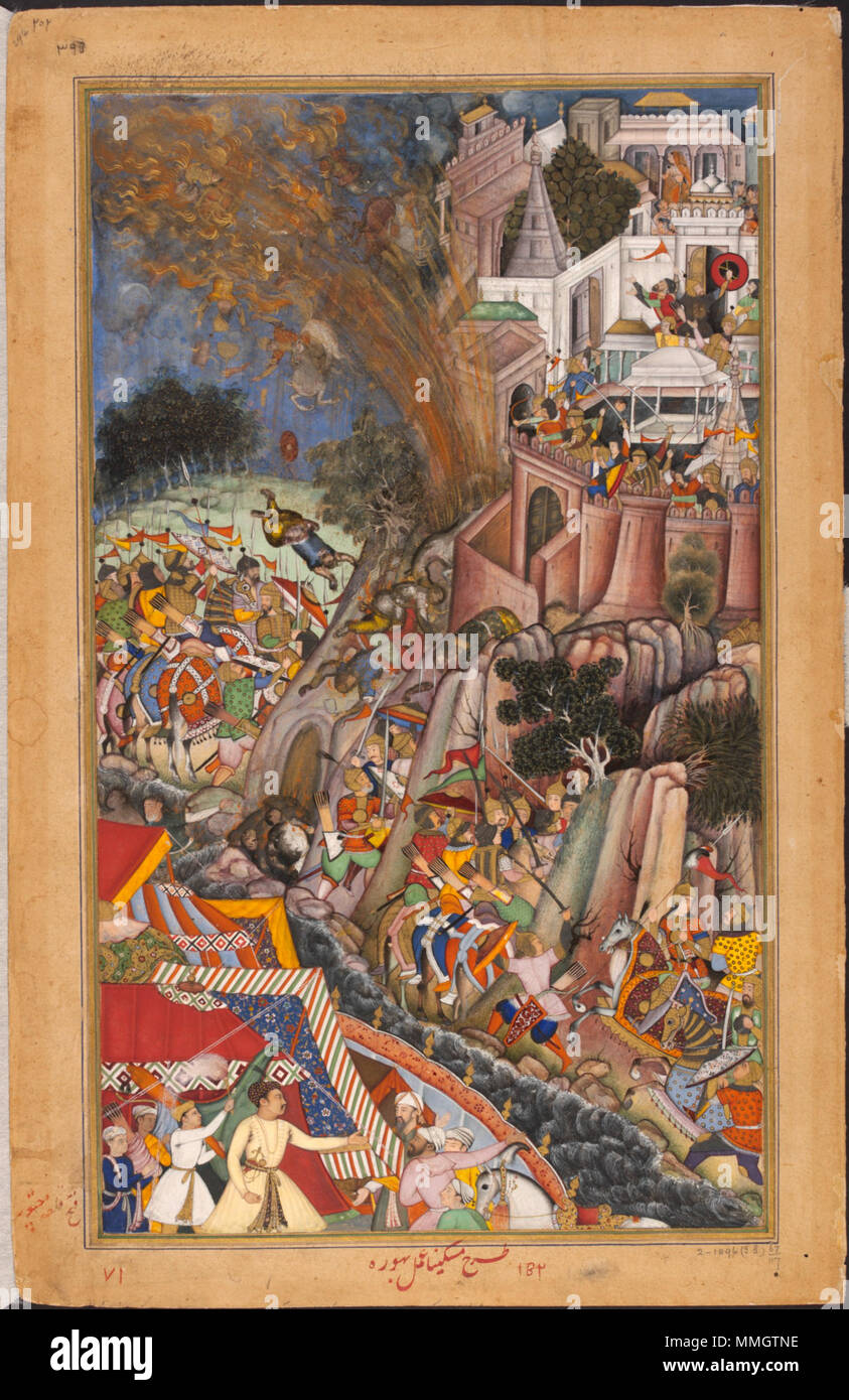 .  It illustrates an incident when a mine exploded during the Mughal attack on the Rajput fortress of Chitor (Chittaurgarh) in north-west India in 1567, killing many of the besieging Mughal forces. In right side Mughal sappers are shown preparing covered paths to enable the army to approach the fortress, while their opponents fiercely defend themselves.  A mine explodes in 1567 during the siege of Chitor, killing many of the Mughal forces from the Akbarnama. between 1590 and 1595. 1567-A mine explodes during the siege of Chitor-left-Akbarnama-large Stock Photo