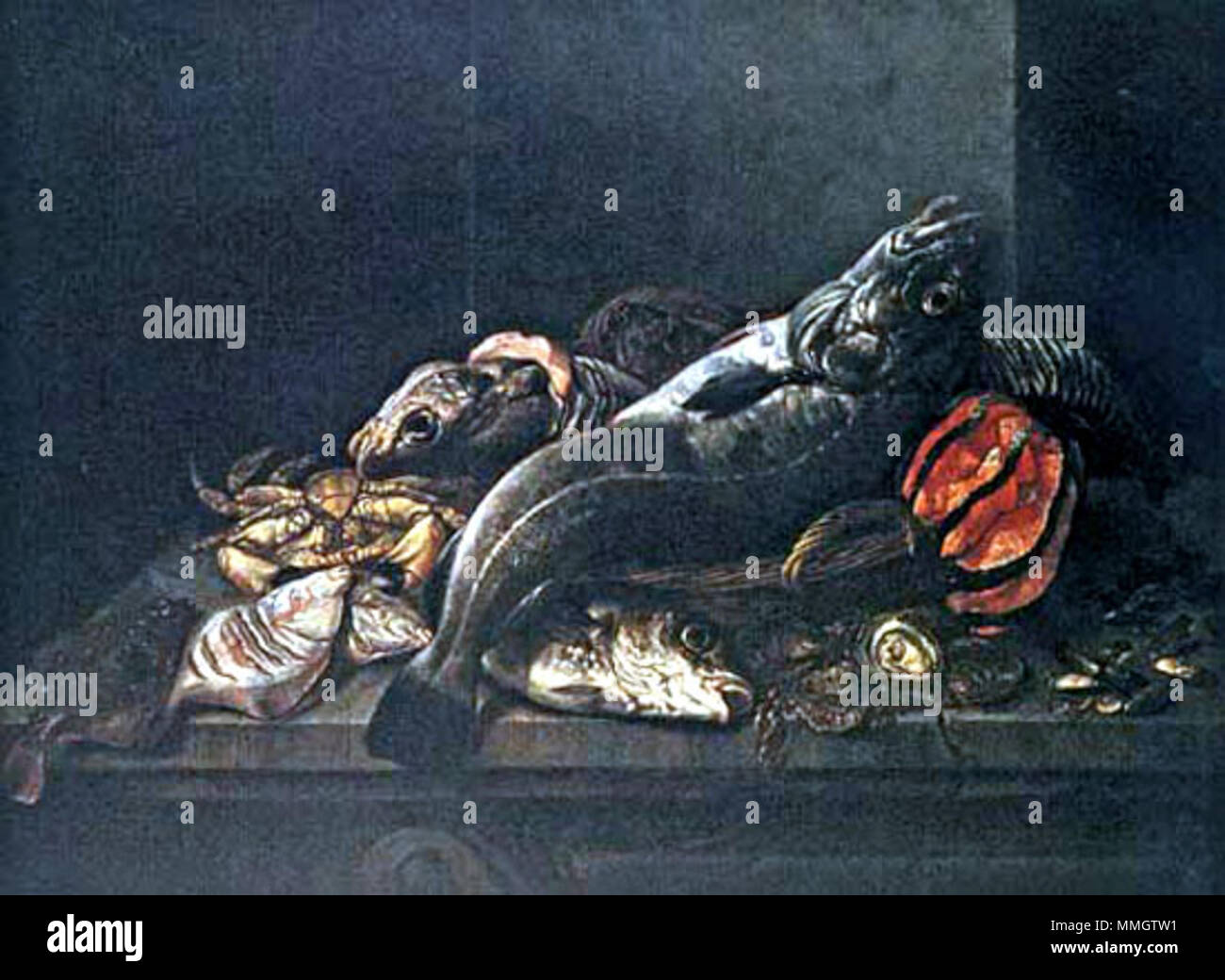 English: Still-life with fishes and shellfishes Español: Naturaleza muerta  con peces y mariscos Português: Natureza-morta com peixes e mariscos . 17th  century. Isaac van Duynen - Natureza-morta Stock Photo - Alamy