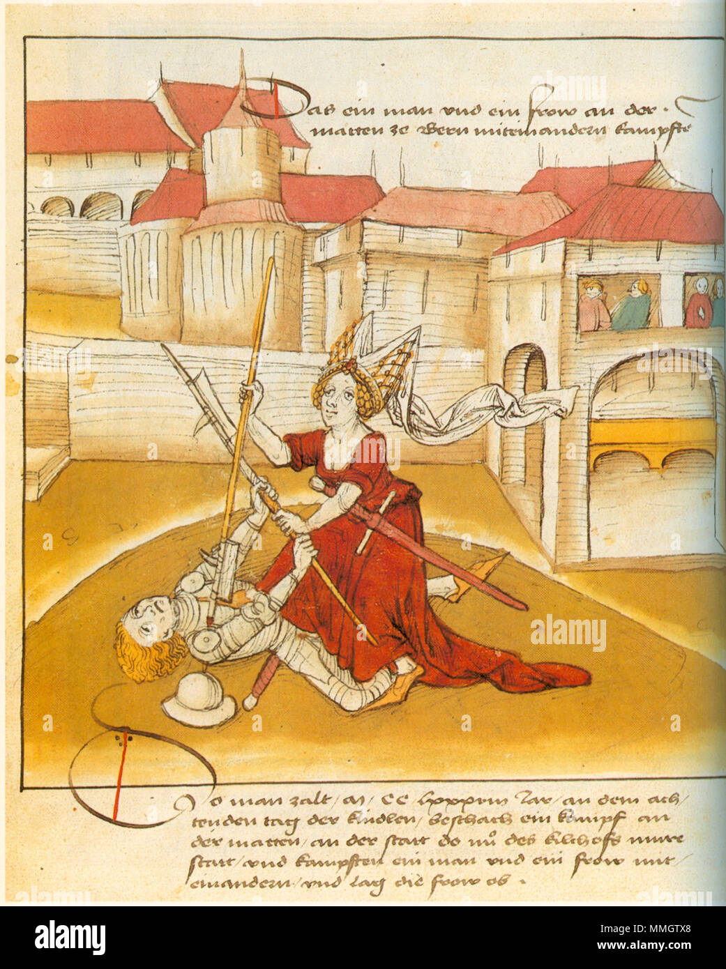 . Gottesurteil: Zweikampf zwischen Mann und Frau  . 1485. Diebold Schilling the Elder Deutsche Geschichte5-312 Stock Photo