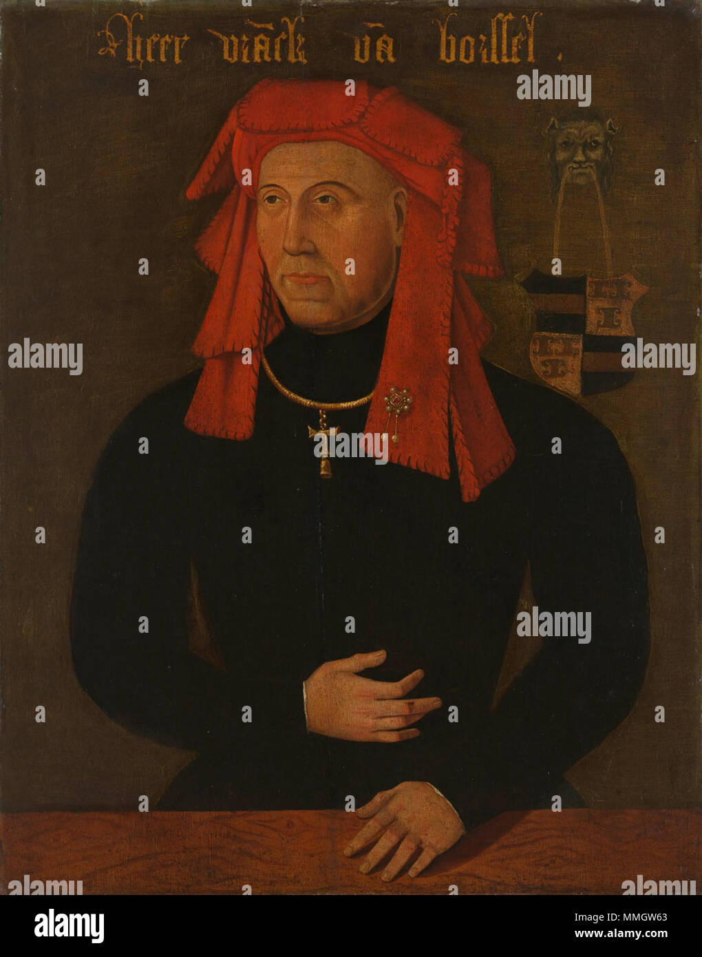 . Portrait of Frank van Borselen (died 1470). Fourth husband of Jacqueline of Bavaria. Stadtholder of Zeeland. At half-length, standing behind a wooden table, slightly facing left. Carrying a chain with the cross of the Order of Saint Anthony. His coat of arms top right. 16th-century copy after a lost original dating from around 1435. Pendant of File:Jacoba van Beieren (1401-1436), gravin van Holland en Zeeland.jpg.  Portrait of Frank van Borselen (c. 1390-1470), Lord of Sint Maartensdijk. 16th century. Frank II van Borsselen Stock Photo
