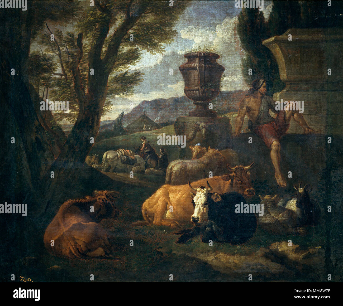 .  Español: Paisaje romano (el campo Vacino de Roma), óleo sobre lienzo, 47 x 56 cm, Madrid, Museo del Prado  . 1704. Bloemen-prado Stock Photo