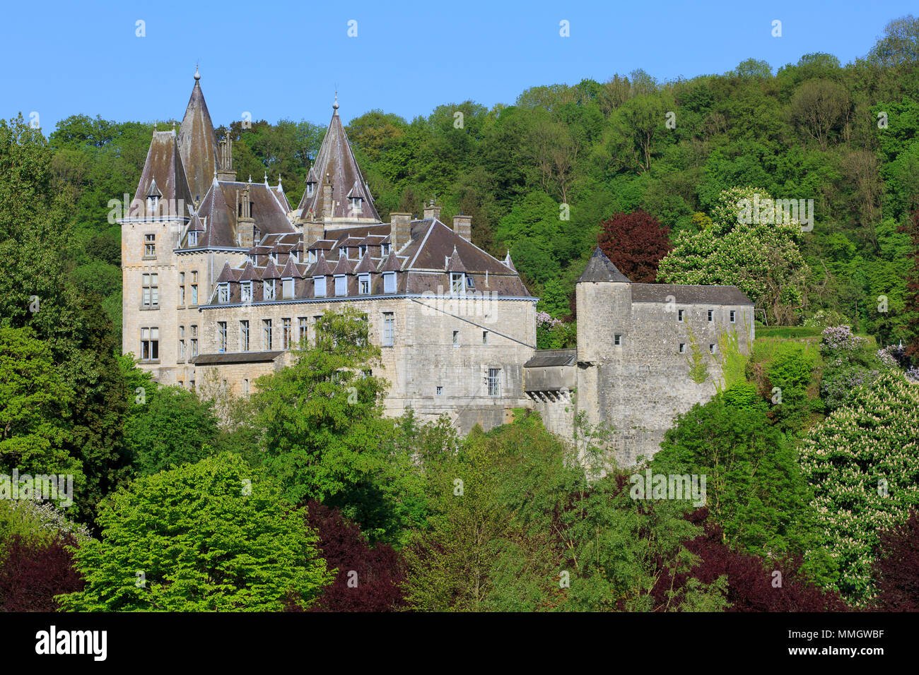 The castle of the Count of Ursel along the river Ourthe in Durbuy (province of Luxembourg), Belgum Stock Photo