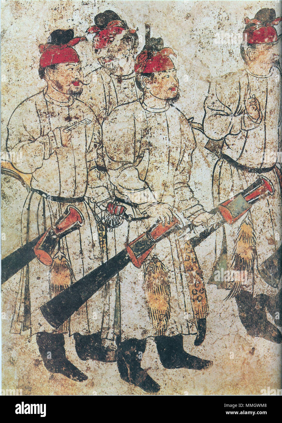 . Figures in a cortege, from a wall mural in the Tang Dynasty Chinese tomb of Li Xian, also known as Crown Prince Zhanghuai (653–684 AD), who was not interred at the Qianling Mausoleum in Shaanxi until 706 AD, when he (alongside other victims of Empress Wu's reign) were exonerated by Emperor Zhongzong. The attendant figures of his tomb seen here measure roughly 1.6 m (63 in) in height.  . 706 AD. Tang Chinese tomb artist Figures in a cortege, tomb of Li Xian, Tang Dynasty Stock Photo