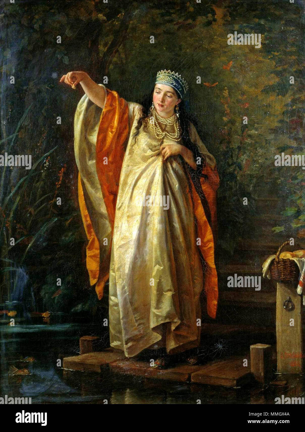 Russian: «Боярышня у водоёма» Boyar daughter at the Pond. 1884. Gribkov-Pond Stock Photo