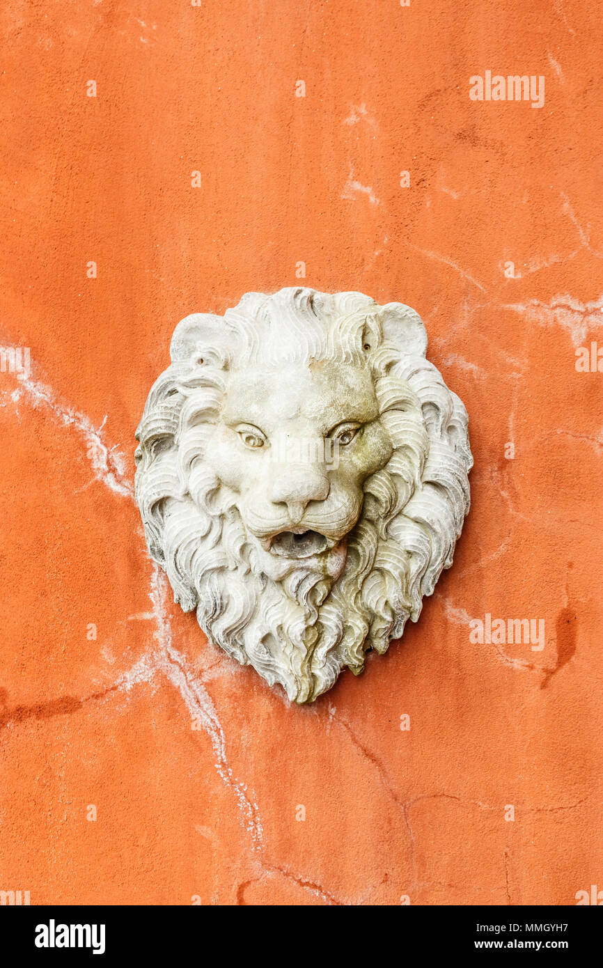 Statue of Lion head on orange wall Stock Photo Alamy