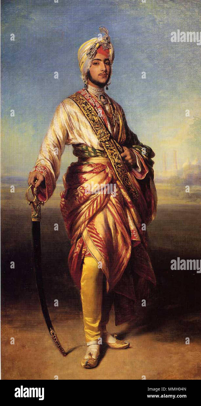 .  The King Duleep Singh. Commissioned by Queen Victoria, who noted in her journal on 10 July 1854 that 'Winterhalter was in ecstasies at the beauty and nobility of bearing of the young Maharaja. He was very amiable and patient, standing so still and giving a sitting of upwards of 2 hrs''. In the portrait, the Maharaja is shown wearing his diamond aigrette and star in his turban and a jewel-framed miniature of Queen Victoria by Emily Eden.  Maharajah Duleep Singh. 1854. Dalip singh winterhalter Stock Photo