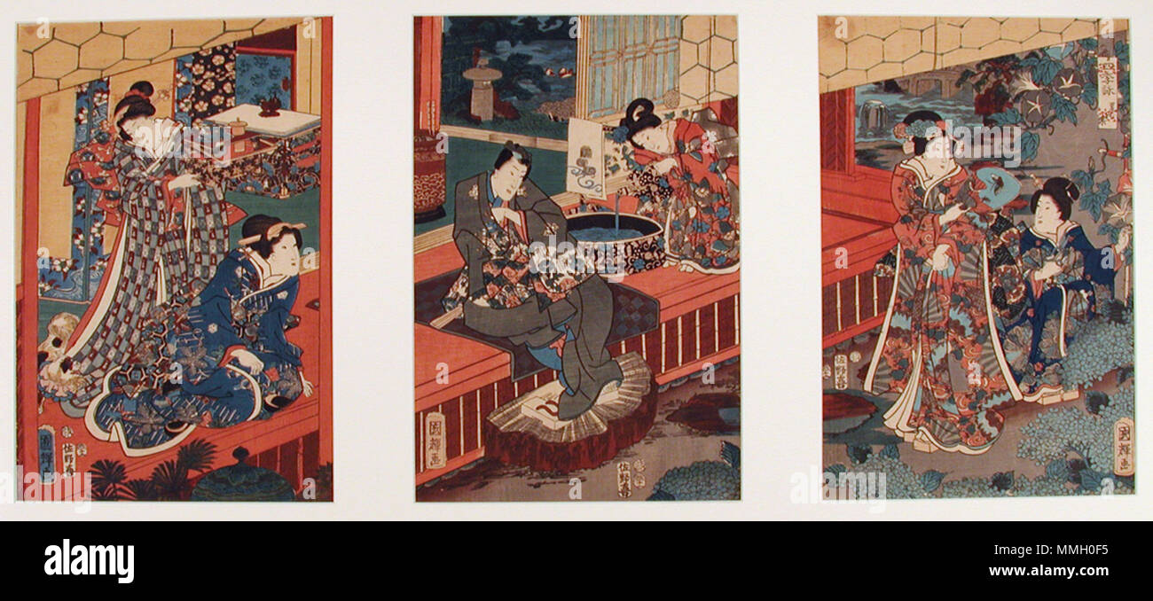 . ??ѵ??ެ?: ????+???+??????ա?ޮ? ???????Ѣ??????3??ܵ?????????????? English: Accession Number: 2006.14.1-3 Display Artist: Kuniteru Utagawa Display Title: Joy of Summer (Natsu o tanoshimi) Series Title: Set of Poems for the Seasons (Shiki no nagame) Creation Date: 1853 Medium: Woodblock Height: 14 5/8 in. Width: 34 1/4 in. Display Dimensions: 14 5/8 in. x 34 1/4 in. (37.15 cm x 87 cm) Publisher: Sanoya Kihei Credit Line: Gift of Loch and Clare Crane Label Copy: 'This print is by a student of Kunisada, who designed more than a dozen triptychs related to A Country Genji during his career. The prints Stock Photo