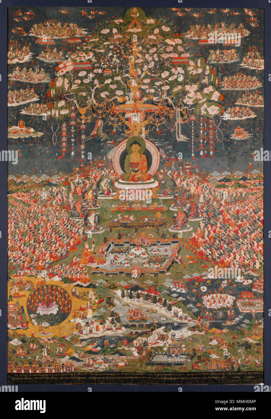 .  English: Amitāyus Buddha in His Paradise. Tibet. Distemper with gold on cloth, 56 1/4 x 39 1/2 in. (142.9 x 100.3 cm). Amitayus, the Buddha of Eternal Life, is also known as Amitabha, one of the five Cosmic Buddhas of Esoteric Buddhism. He is shown in his paradise, Sukhavati, the Western Pure Land, enthroned beneath a flowering tree festooned with strands of jewels and auspicious symbols. To either side the sky is filled with throngs of ecstatic demigods who bear offerings and scatter flowers. Seated below are the eight great bodhisattvas, and between them are two large, low tables covered  Stock Photo