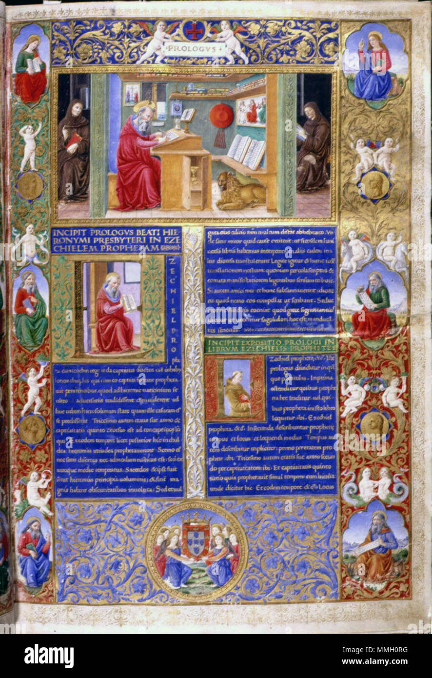 Português: Bíblia dos Jerónimos, frontispício do Vol. VI - o Papa encarrega  São Jerónimo de traduzir a Bíblia . 1496. Attavante degli Attavanti 25  Biblia dos Jeronymos, Vol. VI, Fronstispicio II Stock Photo - Alamy