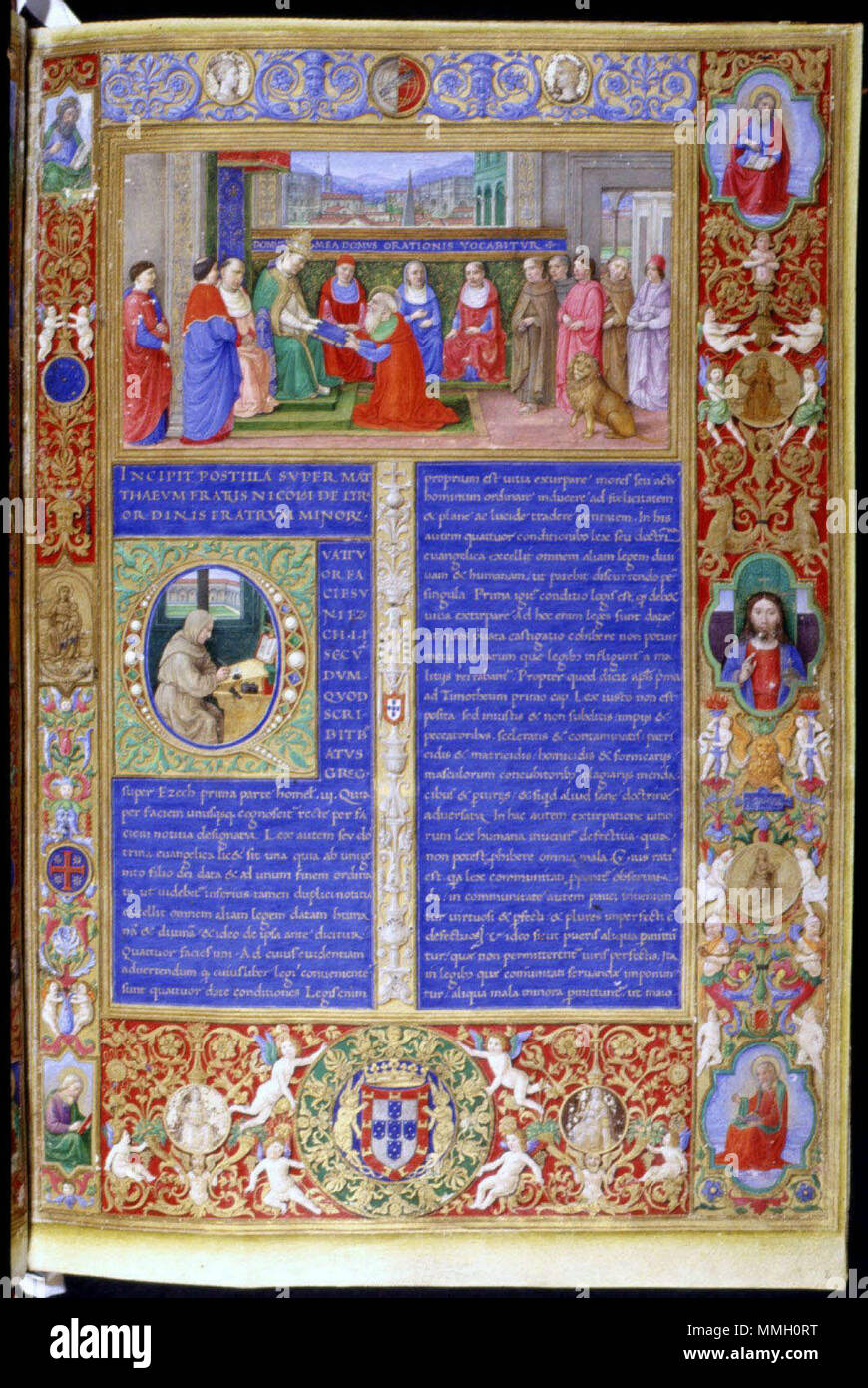 Português: Bíblia dos Jerónimos, frontispício do Vol. VI - o Papa encarrega  São Jerónimo de traduzir a Bíblia . 1496. Attavante degli Attavanti 25  Biblia dos Jeronymos, Vol. VI, Fronstispicio II Stock Photo - Alamy