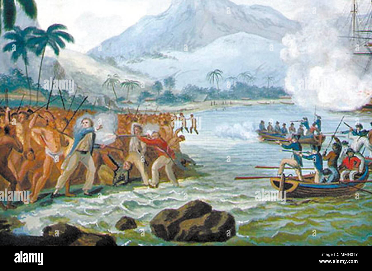 . English: 18th century reproduction of 'Death of Cook' at the Honolulu Academy of Arts, depicting Captain James Cook as a peacemaker between battling sailors and native Hawaiians  . 17 July 2004 (original upload date). The original uploader was Gerald Farinas at English Wikipedia Deathofcookreproduction Stock Photo