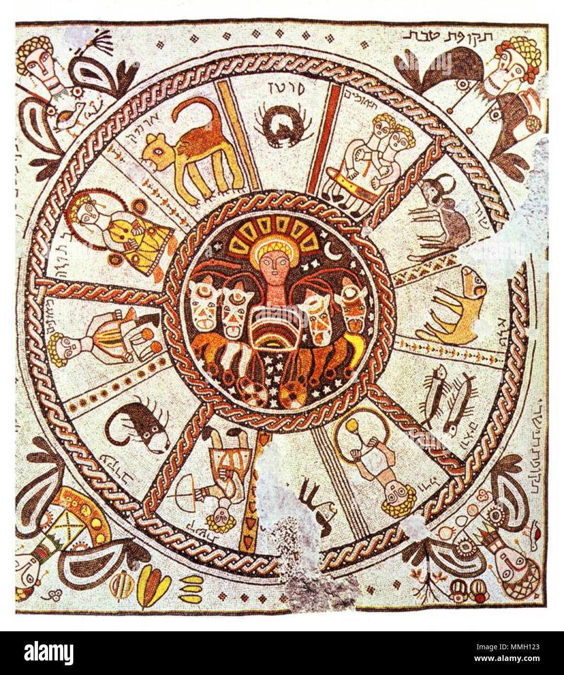 English: Byzantine mosaic of a Zodiac Wheel — from the 6th century ancient  Beth Alpha synagogue. Located near Beit Alfa kibbitz, in northern Israel.  Français : Israël - Mosaïque de la