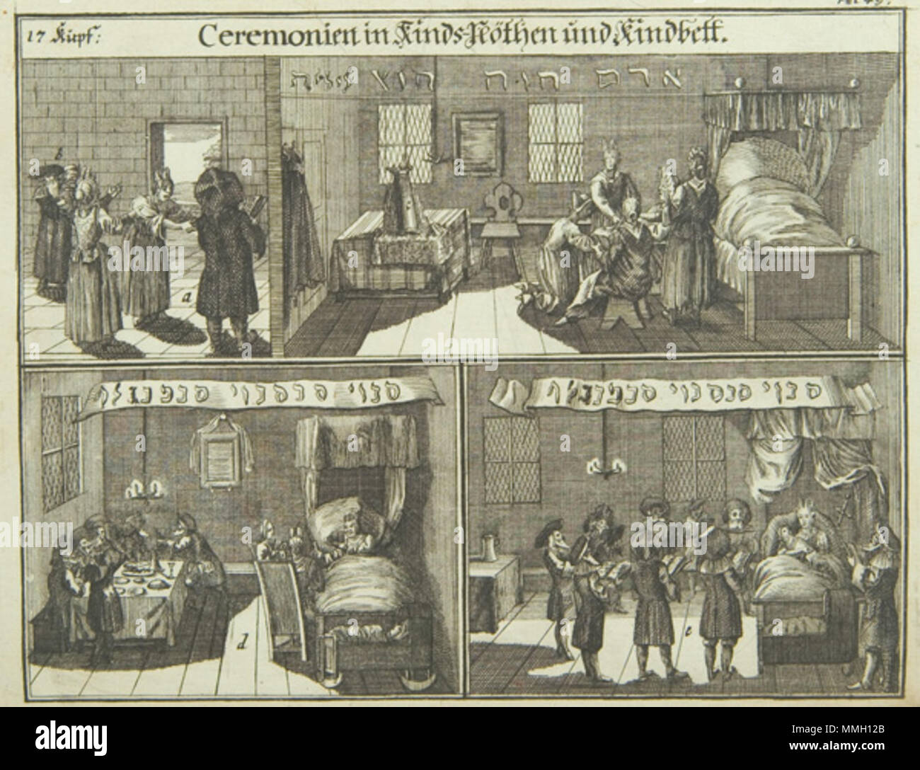 . English: Illustration from Juedisches Ceremoniel, a German book published in Nürnberg in 1724 by Peter Conrad Monath. The book is a beautifully illustrated description of Jewish religious ceremonies, rites of passage and feast days, which first appeared in 1716, here in its second edition of 1724. The extremely detailed plates, by Georg Puschner, depict priestly robes, the celebrations of the New Year, Passover, the weekly Sabbath, circumcision, presentation of the first born, prayer at the synagogue, a wedding procession and a wedding, purification of the bride, the washing of the brother-i Stock Photo