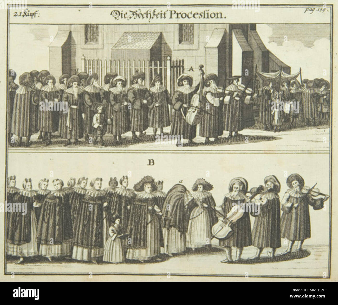 . English: German copperplate engraving, ca. 1700. Juedisches Ceremoniel In the top panel, the bridegroom is led past the synagogue by the male members of the community to the wedding canopy visible on the right. In the bottom panel, the veiled bride is being escorted to the ceremony by the women of the community.  . 19 August 2004. J. G. Puschner. Annotations by Sebastian Jacob Jungendres 20 A Jewish wedding c. 1700 Stock Photo