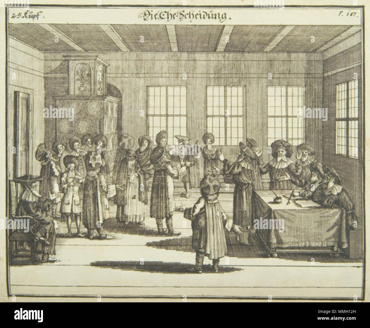 . English: Illustration from Juedisches Ceremoniel, a German book published in Nürnberg in 1724 by Peter Conrad Monath. The book is a beautifully illustrated description of Jewish religious ceremonies, rites of passage and feast days, which first appeared in 1716, here in its second edition of 1724. The extremely detailed plates, by Georg Puschner, depict priestly robes, the celebrations of the New Year, Passover, the weekly Sabbath, circumcision, presentation of the first born, prayer at the synagogue, a wedding procession and a wedding, purification of the bride, the washing of the brother-i Stock Photo
