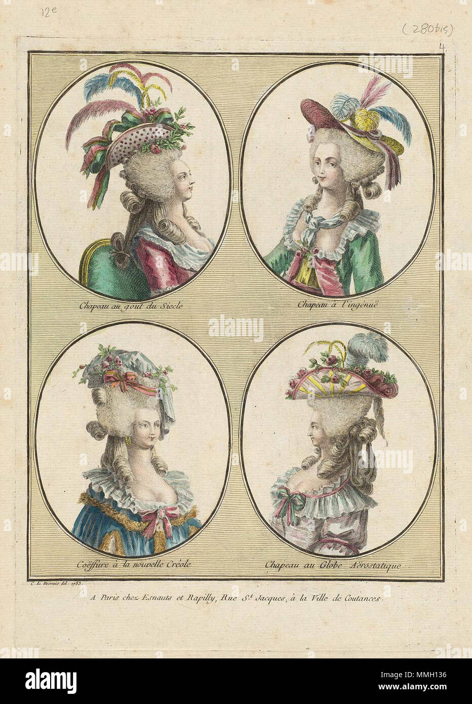 . Plate 280 from Gallerie des Modes et Costumes Français. 12e Cahier des coeffures les plus à la mode en 1785.  1785. Chapeau au gout du Siecle Stock Photo