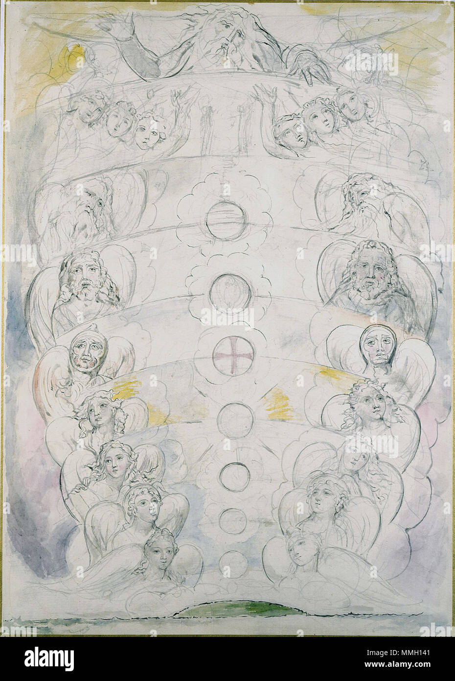 . English: Illustrations to Dante's Divine Comedy object 100 Butlin 812-97 The Vision of the Deity from Whom Proceed the Nine Spheres  . 1 September 2004, 18:20:05.   William Blake  (1757–1827)       Alternative names W. Blake; Uil'iam Bleik  Description British painter, poet, writer, theologian, collector and engraver  Date of birth/death 28 November 1757 12 August 1827  Location of birth/death Broadwick Street Charing Cross  Work location London  Authority control  : Q41513 VIAF:?54144439 ISNI:?0000 0001 2096 135X ULAN:?500012489 LCCN:?n78095331 NLA:?35019221 WorldCat Illustrations to Dante' Stock Photo