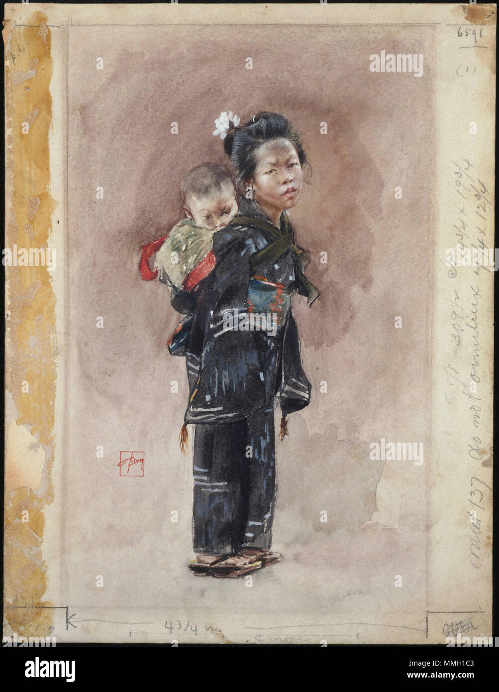 .  English: Robert Frederick Blum, American, 1857–1903 That is Where All Babies Live in Japan, 1890–92 Watercolor on board 35.7 x 27.4 cm. (14 1/16 x 10 13/16 in.) Gift of Charles Scribner III, Class of 1973 and Graduate School Class of 1977 x1993-163 In an 1893 account of his journey to Japan published in Scribner’s Magazine, Blum writes about his 'wild desire' to visit that country, which he traces back to his purchase of a Japanese fan at a music festival in Cincinnati when he was just fifteen years old. After studying at the Pennsylvania Academy of Fine Arts, Blum had his dream realized wh Stock Photo