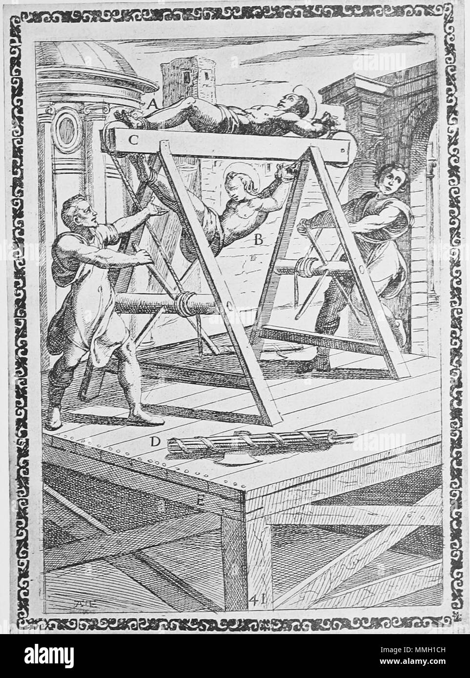 English: torture/execution scene of martyrs from Gallonio's 'Tortures and Torments of the Christian Martyrs' . first publication: Rome 1591 / scans from a 1904 reprint. Gallonio Tortures 1591 p11 Stock Photo