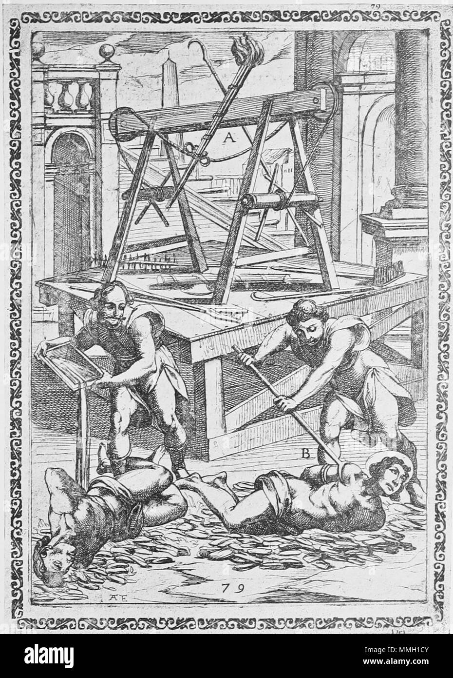 . English: Woodcut by Tempesta showing a torture/execution scene of martyrs from Gallonio's 'Tortures and Torments of the Christian Martyrs'  . first publication: Rome 1591 / scans from a 1904 reprint. woodcut by Antonio Tempesta Gallonio Tortures 1591 p20 Stock Photo