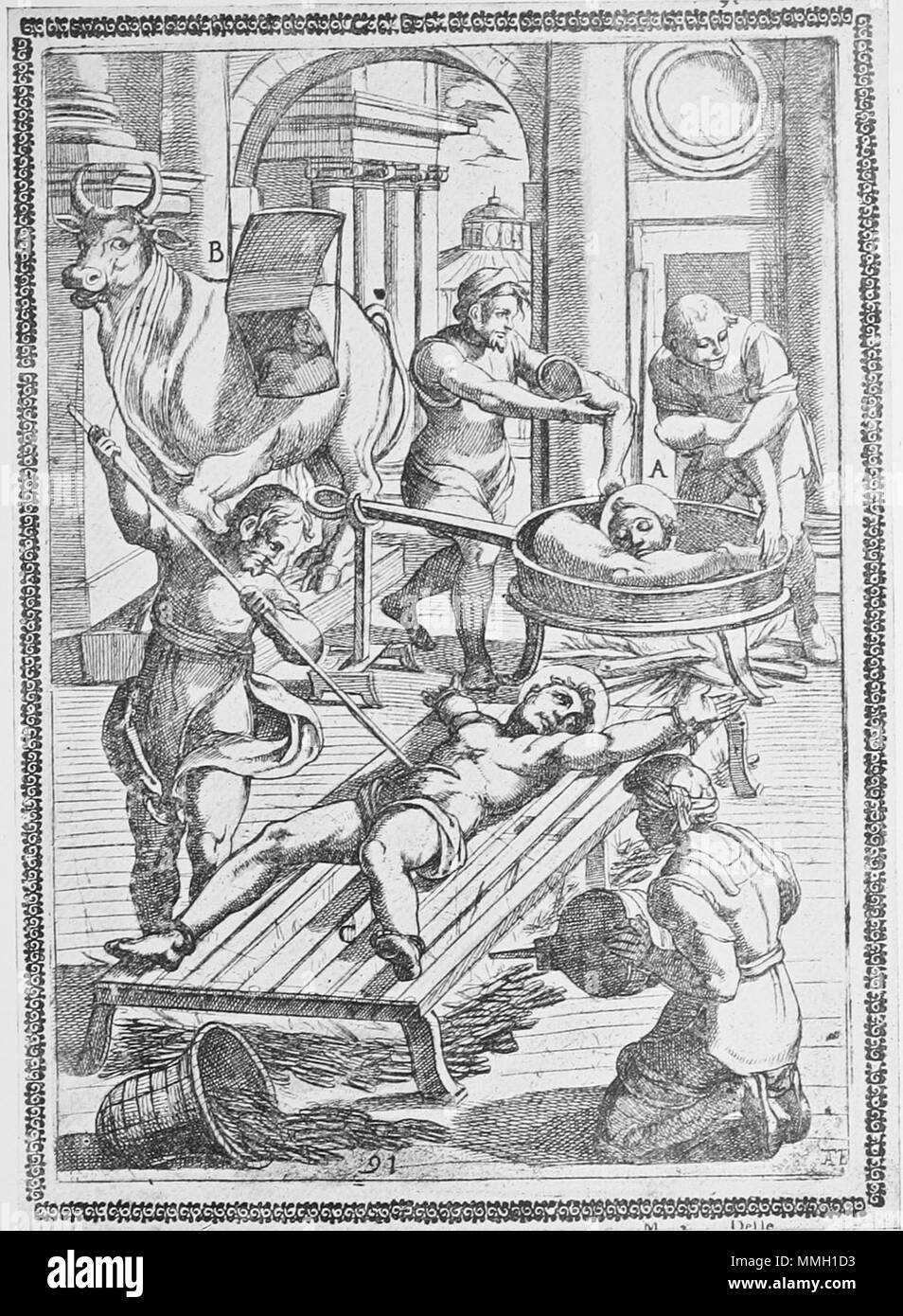 . English: Woodcut by Tempesta showing a torture/execution scene of martyrs from Gallonio's 'Tortures and Torments of the Christian Martyrs'  . first publication: Rome 1591 / scans from a 1904 reprint. woodcut by Antonio Tempesta Gallonio Tortures 1591 p23 Stock Photo