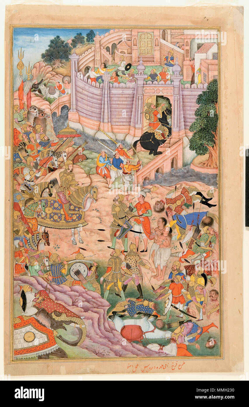 . English: Series Title: Akbarnama Suite Name: Akbarnama Display Artist: Farrukh, Dhannu, and Dharmdas Creation Date: ca. 1590-1600 Display Dimensions: 13 15/32 in. x 8 17/32 in. (34.2 cm x 21.7 cm) Credit Line: Edwin Binney 3rd Collection Accession Number: 1990.288 Collection: The San Diego Museum of Art  . 7 April 2005, 10:03:39. English: thesandiegomuseumofartcollection Babur's troops take the fortress at Kabul (6124530933) Stock Photo