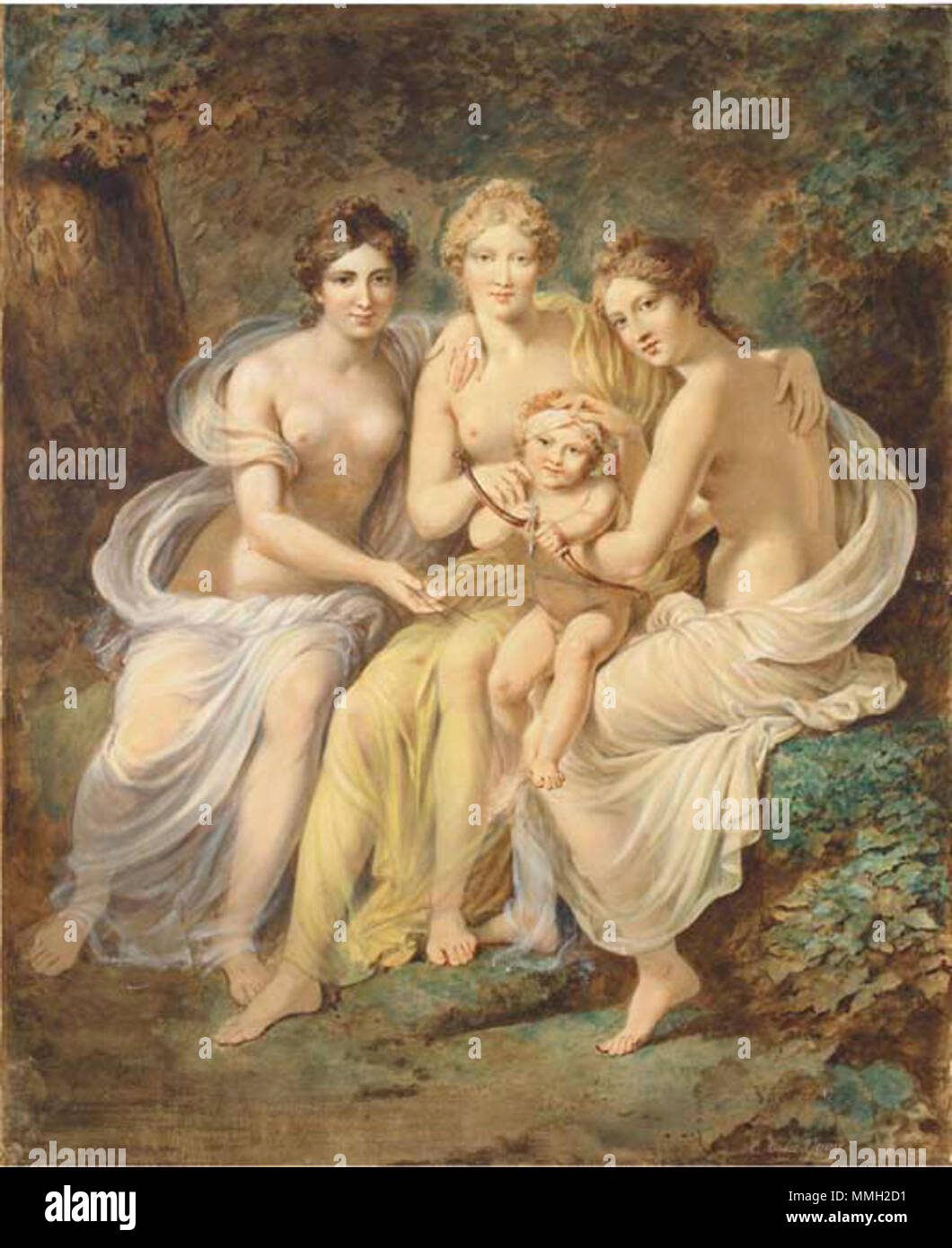 English: The Three Graces holding Cupid drawing a bow . 19th century. Charles-Etienne Le Guay - The Three Graces holding Cupid drawing a bow Stock Photo