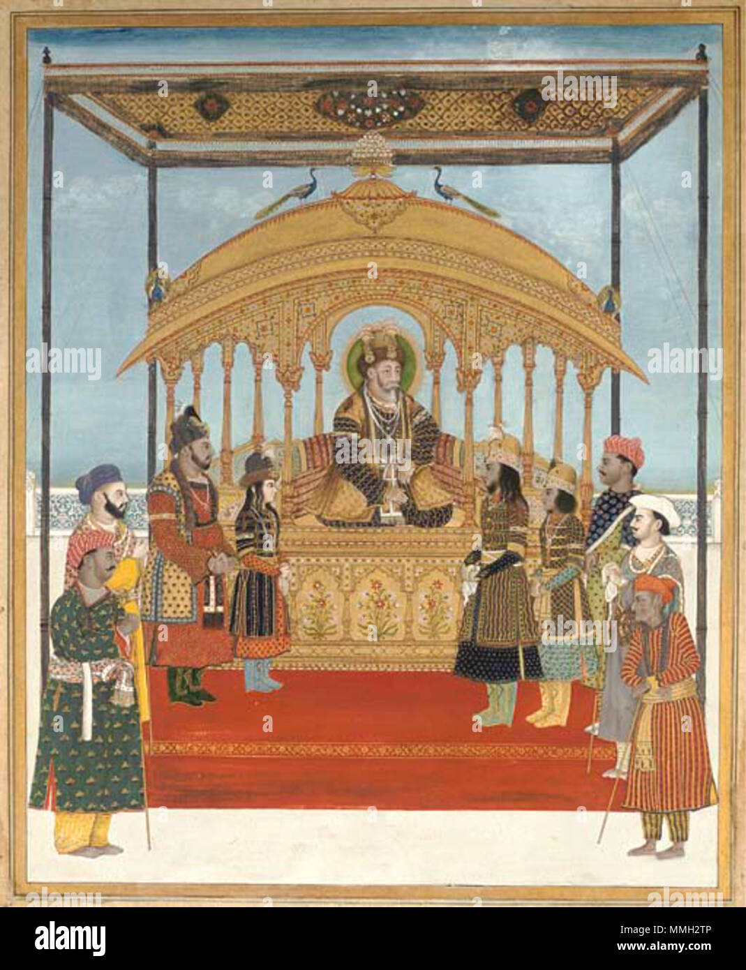 . English: The Delhi Darbar of Akbar Shah II. Gouache heightened with gold on paper, the nimbate Akbar II in embroidered gold coat sits enthroned, attended by his four sons and four emissaries, all in various brightly coloured garments, some wearing jewelled and stippled gold headresses and finely decorated boots, with a striking background drawn in perspective of a red sandstone hypostyle with opening onto spacious palace courtyard beyond, mounted on card with thin gold, black and orange border, in modern mount, slight flaking around edges, otherwise in very good condition. Miniature 12 x 16i Stock Photo