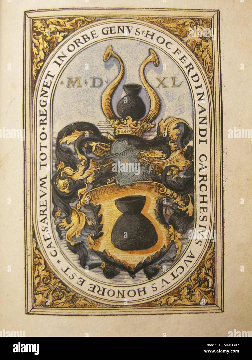 . Page (or page detail) from a 16th century German armorial („Allerlay Wapen“) CAESAREVM TOTO * REGNET IN ORBE GENVS * HOC FERDINANDI CARCHESIVS AVCTVS HONORE EST, 1540 (Carchesius = Kraus??)  . 16th century. Unknown 39 Allerlay Wapen 29 Stock Photo