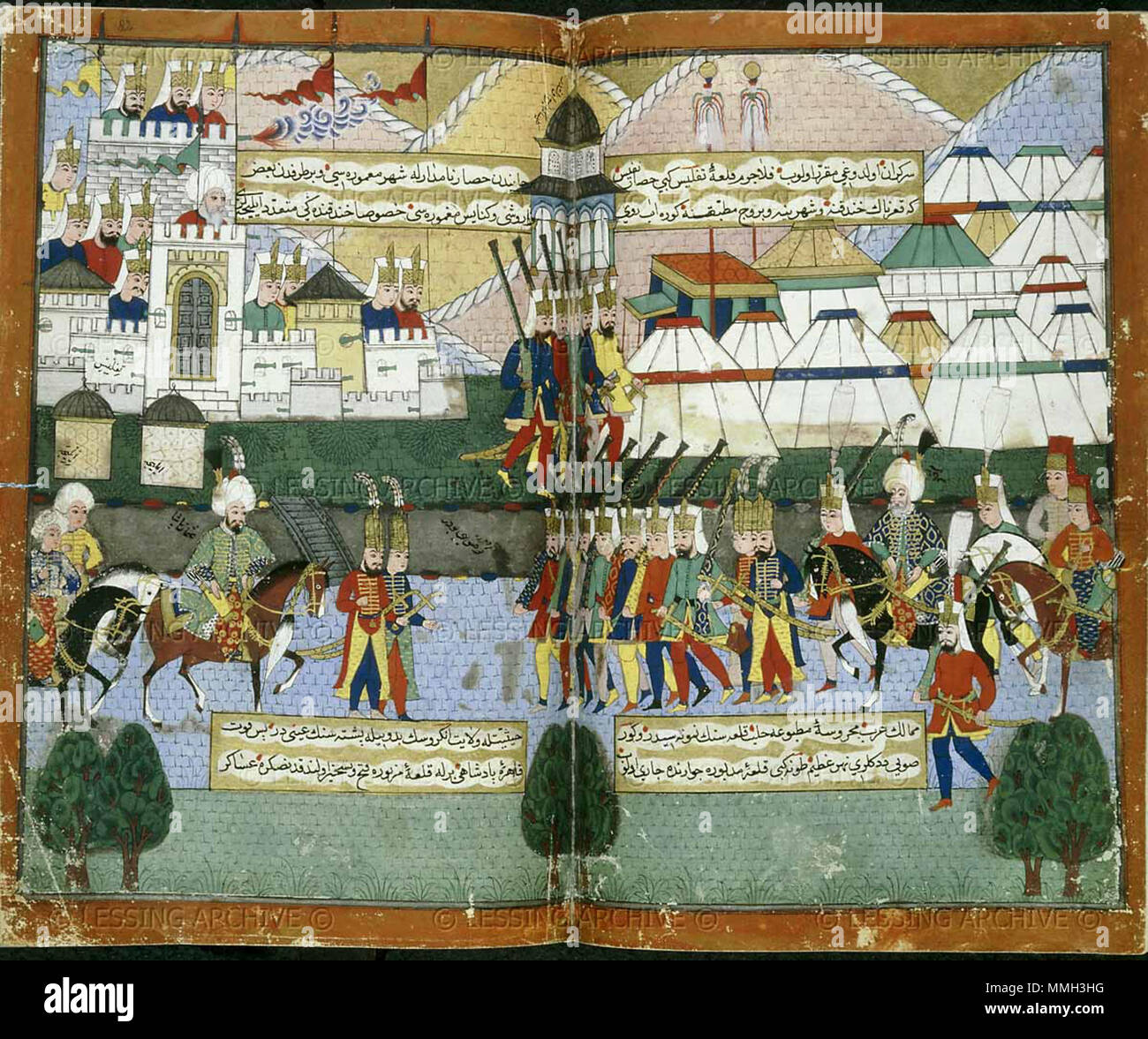 . English: Lala Mustafa Paşa's Ottoman army parading before the walls of Tiflis (Tbilisi) in August 1578 after the city had been evacuated by Da' ud Khan. A double-page miniature painting from a 16th-century Ottoman manuscript Nusretname ('The Book of Victories' by Gelibolulu Mustafa Ali).The British Library, London, Great Britain.  . 1582. unknown painter Ottoman army at Tiflis in 1578 (Nusretname miniature) Stock Photo