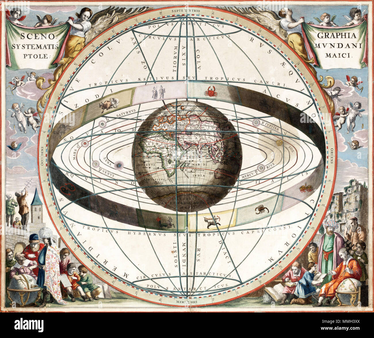 . English: From Andreas Cellarius Harmonia Macrocosmica, 1660/61. Chart showing signs of the zodiac and the solar system with world at centre. Plate 2: SCENOGRAPHIA SYSTEMATIS MVNDANI PTOLEMAICI - Scenography of the Ptolemaic cosmography. Title: Scenographia systematis mvndani Ptolemaici [cartographic material]. Publisher: [Amsterdam : s.n., 1660] Physical Description: 1 map : col. ; 38 cm. in diam. Notes: '444' in top right hand margin in pencil. Rex Nan Kivell Collection Map NK 10241. Call Number: MAP NK 10241 Amicus Number: 9995246 Français : Extrait de l'Harmonia Macroscomica d'Andreas Cel Stock Photo