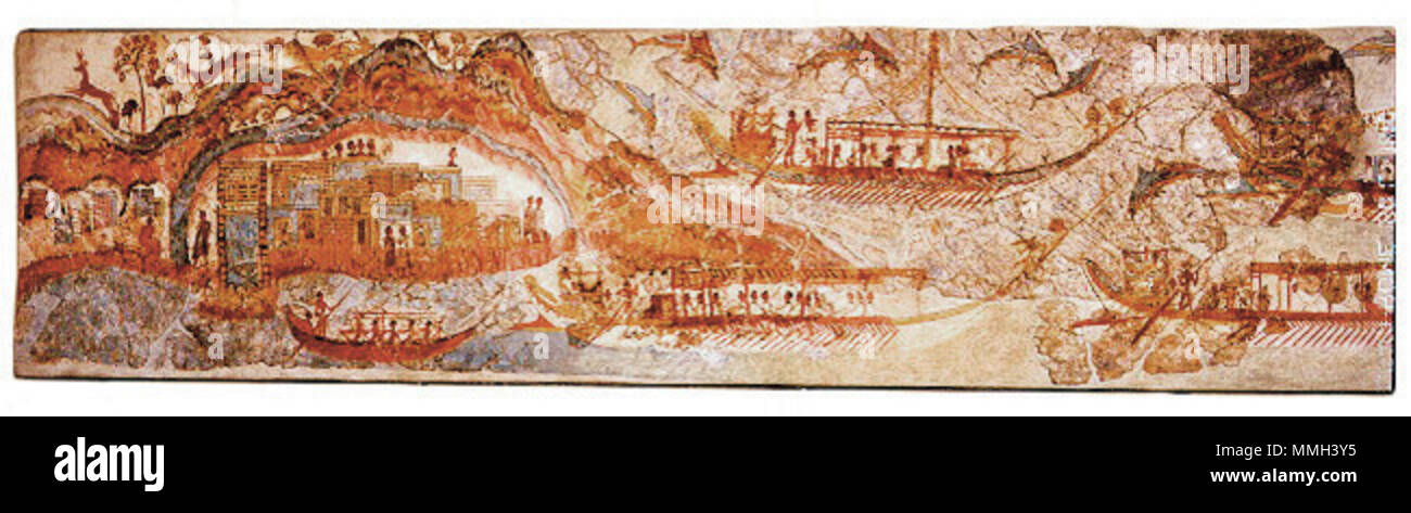 . detail of a bronze age fresco. English: Minoan fresco of the town of Akrotiri, Santorini, Greece  . ~ 1600 B.C.. uploaded by H-stt; retouched by Rainer Zenz 31 Akrotiri Minoan fresco-2 Stock Photo