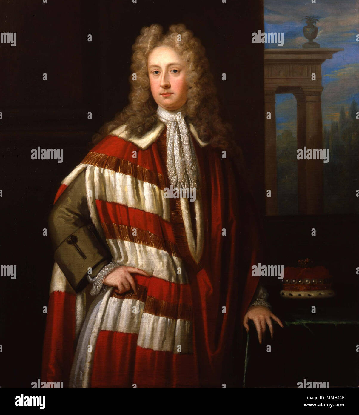 .  English: This portrait of the famous Tory and later Jacobite politician shows him in Parliamentary robes. Bolingbroke could not accommodate himself to the Hanoverian succession and went into exile abroad at the Jacobite court.  Portrait of Henry St John, 1st Viscount Bolingbroke (1678-1751). 1678. Henry St John, 1st Viscount Bolingbroke (1678) Stock Photo